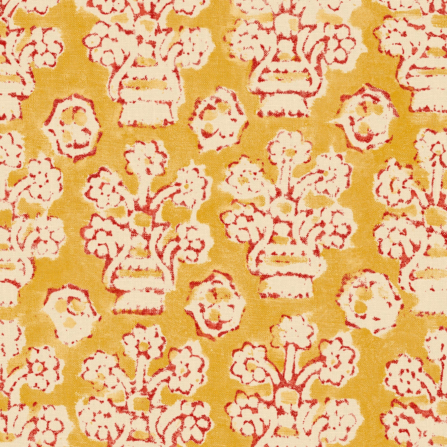 A jolly printed linen fabric in yellow, red and cream