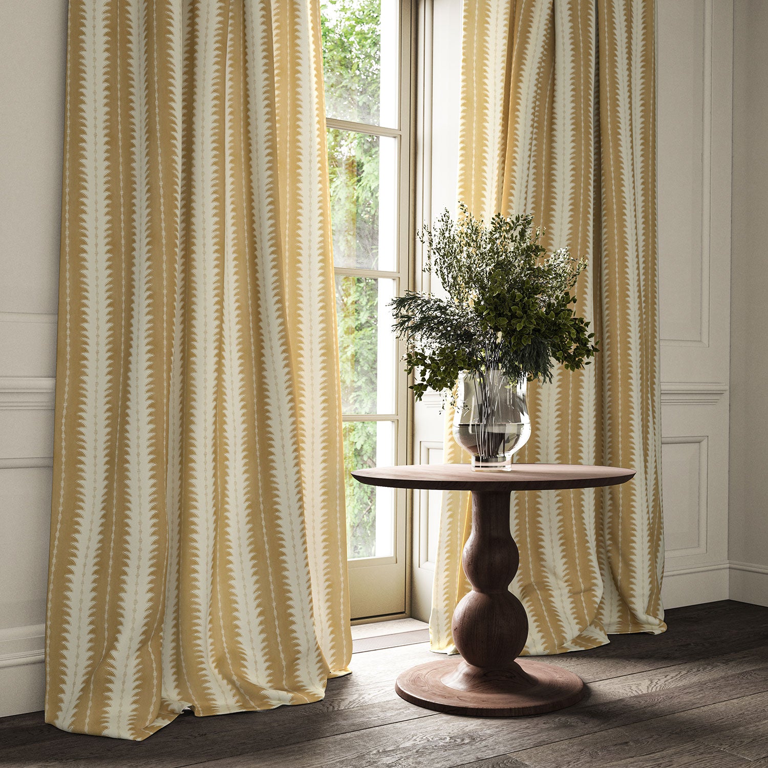 Curtains made from a printed linen fabric in beige and off white, featuring a striped fern design.