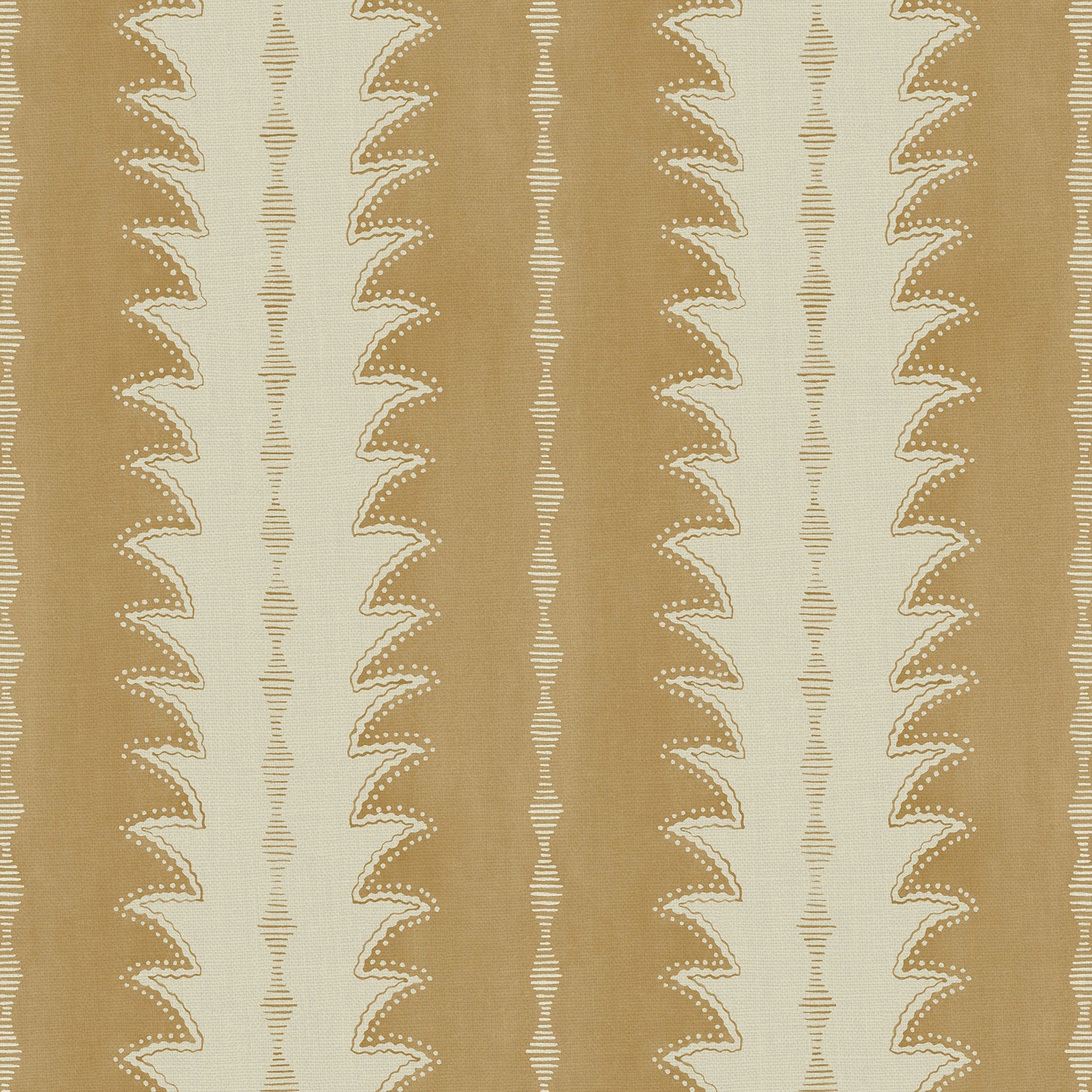A printed linen fabric sample in beige and off white featuring a striped fern design.