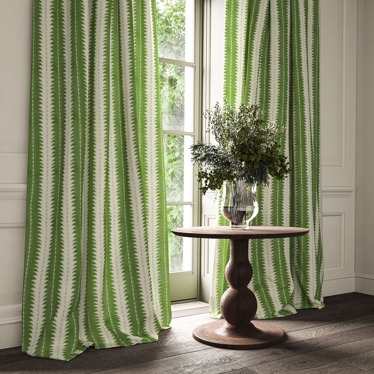 Curtains made from a printed linen fabric in green and off white, featuring a striped fern design.