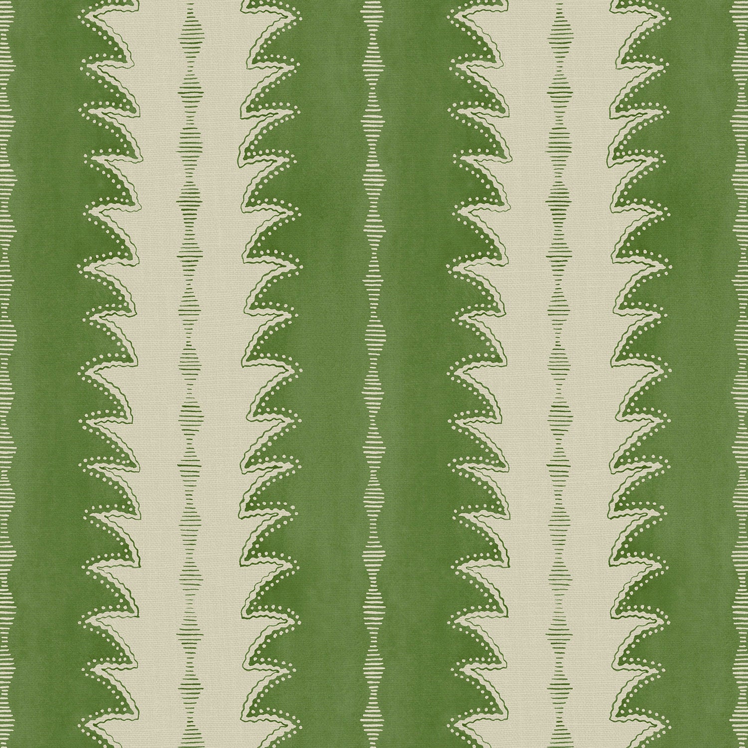 A printed linen fabric sample in green and off white featuring a striped fern design.
