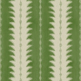 A printed linen fabric sample in green and off white featuring a striped fern design.