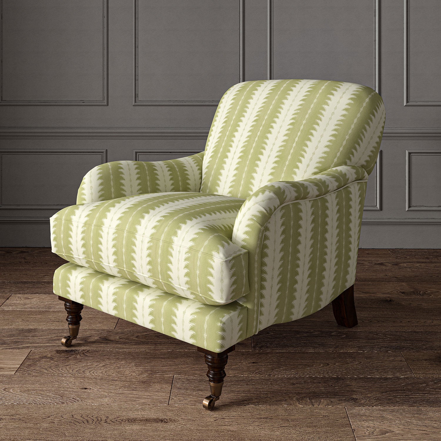 Armchair upholstered in a printed linen fabric in green and off white, featuring a striped fern design.