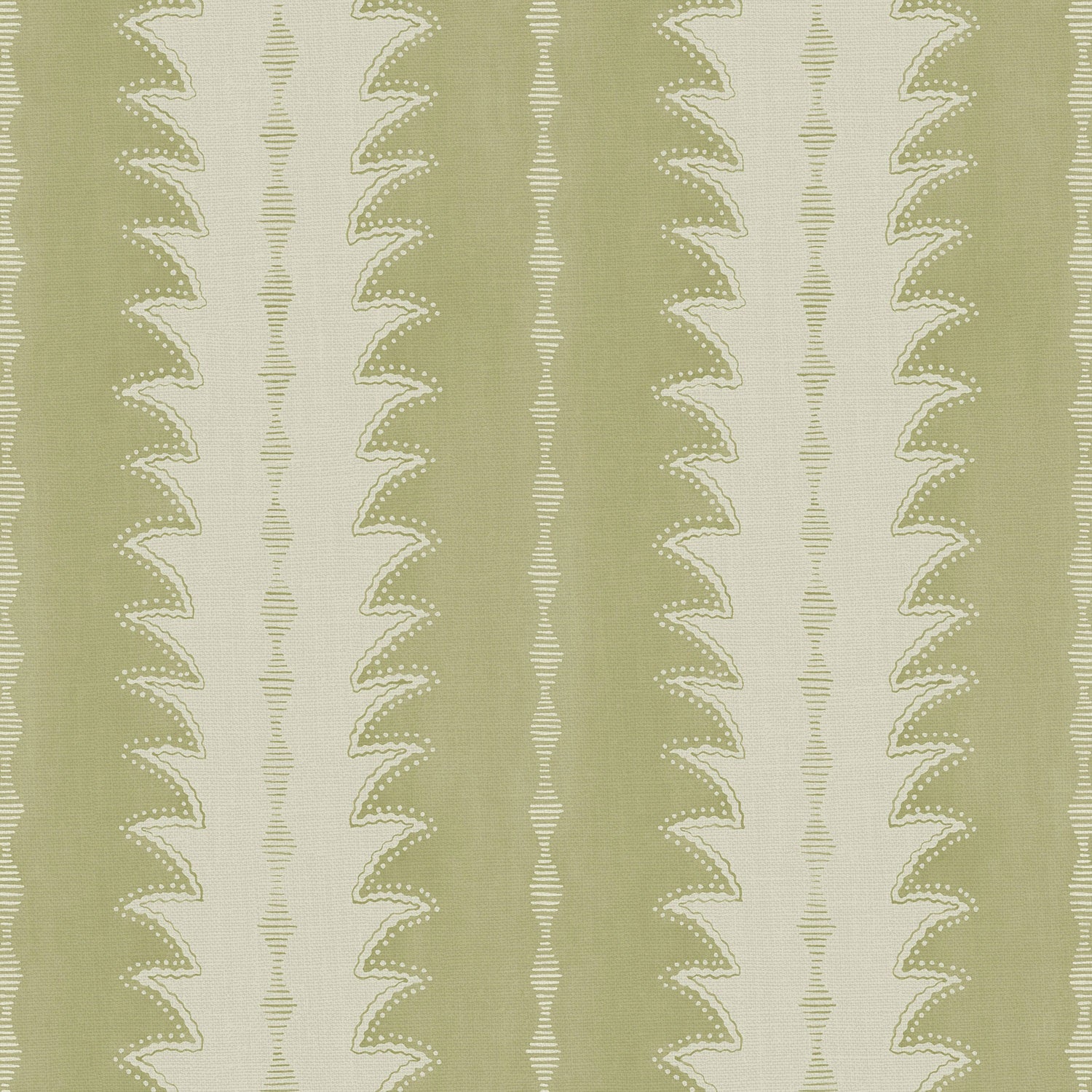 A printed linen fabric sample in green and off white featuring a striped fern design.