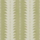 A printed linen fabric sample in green and off white featuring a striped fern design.