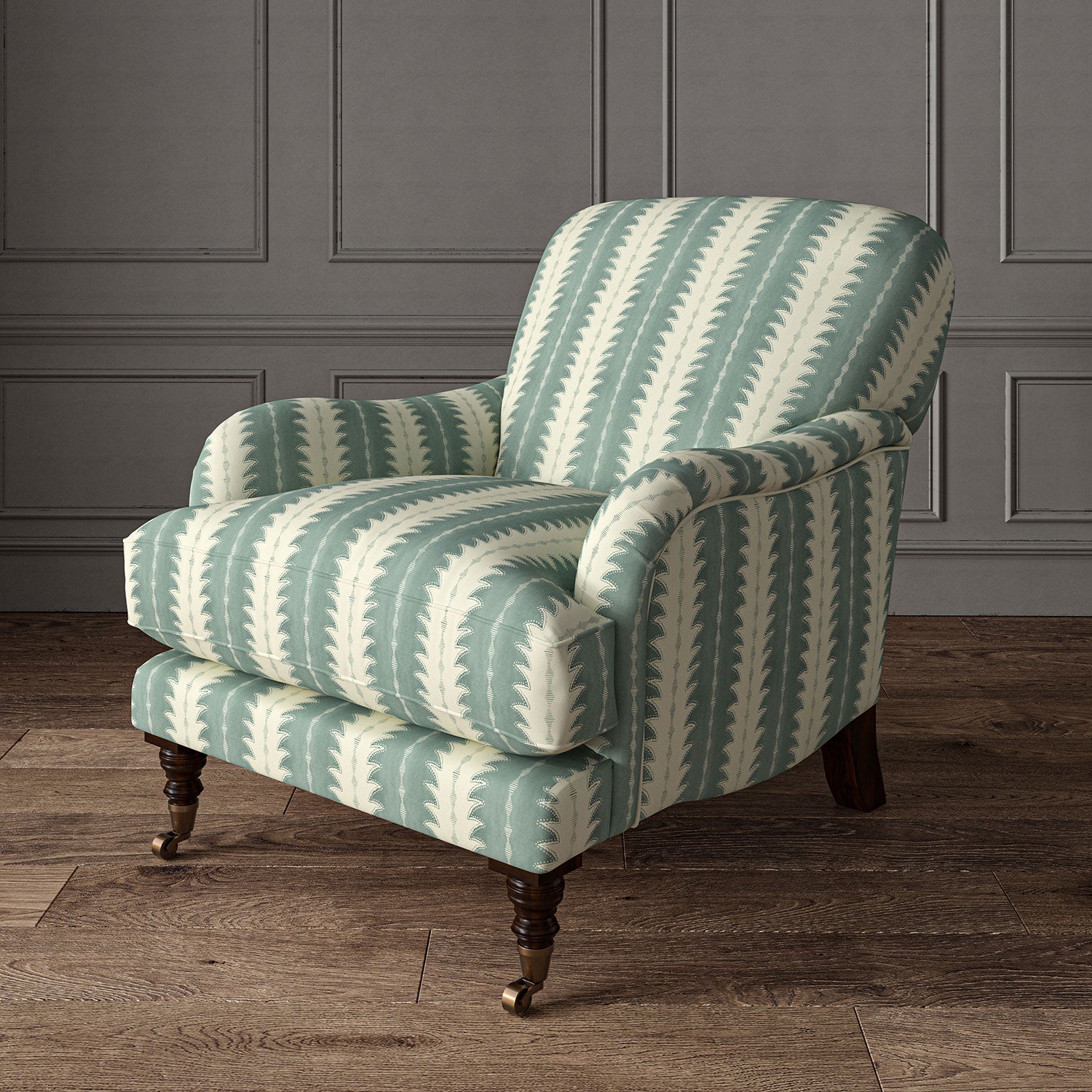 Armchair upholstered in a printed linen fabric in blue and off white, featuring a striped fern design.
