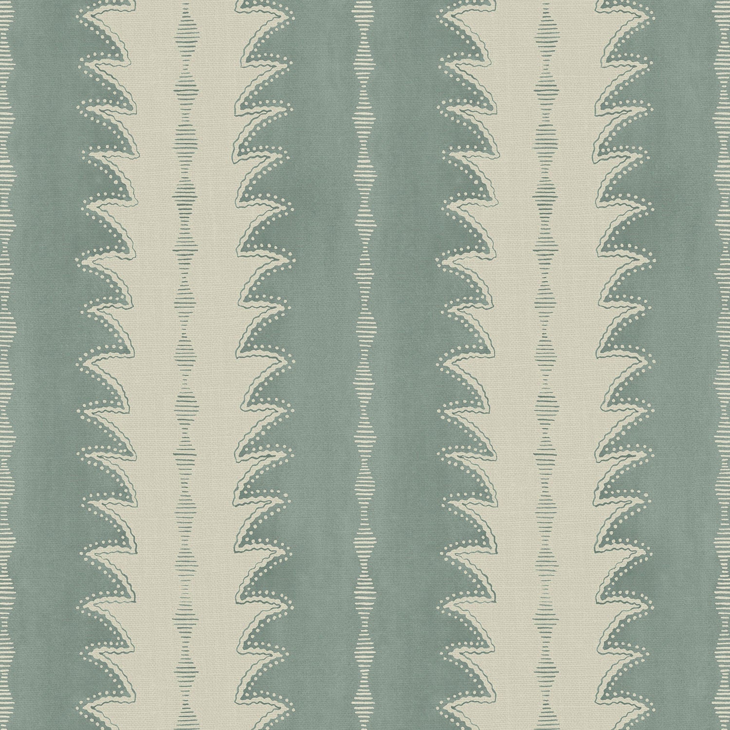A printed linen fabric sample in blue and off white featuring a striped fern design.