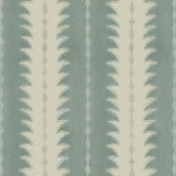 A printed linen fabric sample in blue and off white featuring a striped fern design.