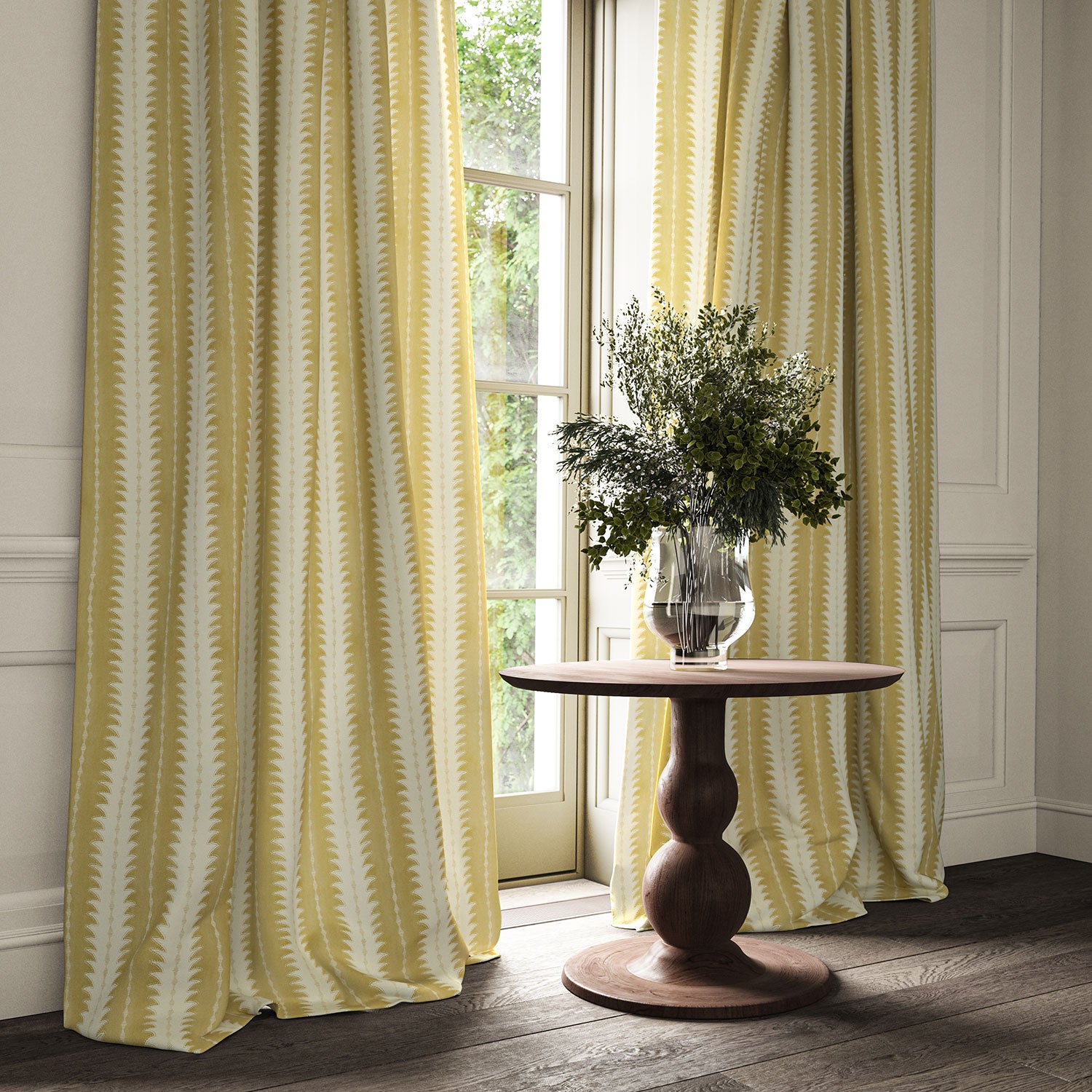Curtains made from a printed linen fabric in yellow and off white, featuring a striped fern design.