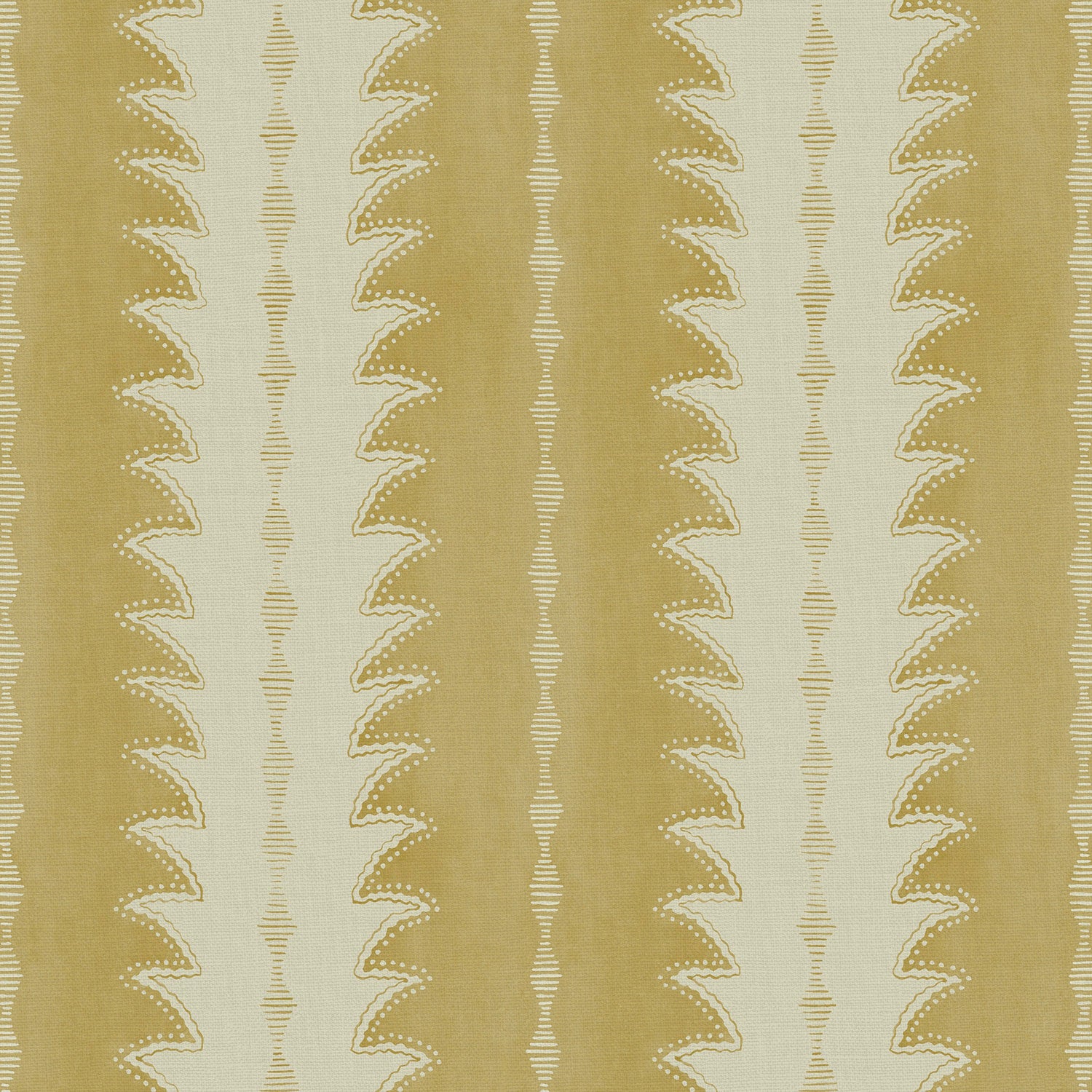 A printed linen fabric sample in yellow and off white featuring a striped fern design.