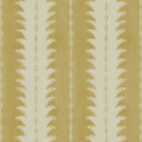 A printed linen fabric sample in yellow and off white featuring a striped fern design.