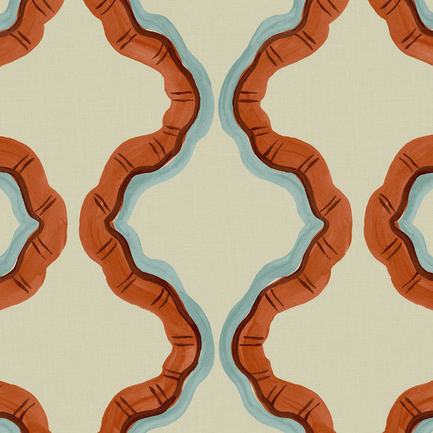 A printed linen fabric sample in blue, orange, brown and off white featuring a mirrored ribbon pattern.