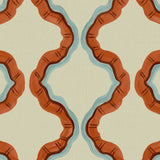 A printed linen fabric sample in blue, orange, brown and off white featuring a mirrored ribbon pattern.