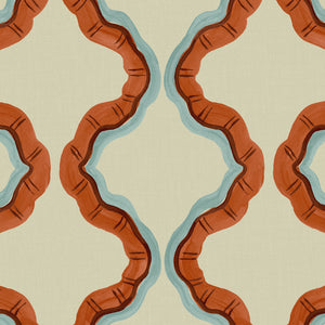 A printed linen fabric sample in blue, orange, brown and off white featuring a mirrored ribbon pattern.