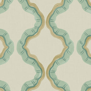 A printed linen fabric sample in blue, brown, and off white featuring a mirrored ribbon pattern.
