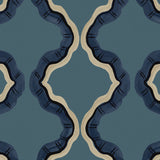A printed linen fabric sample in blue, black, and off white featuring a mirrored ribbon pattern.