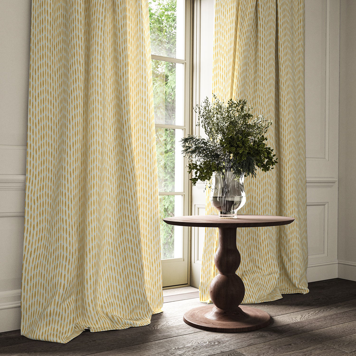 Curtains made from a printed linen fabric in yellow, blue and off white featuring a Japanese print.