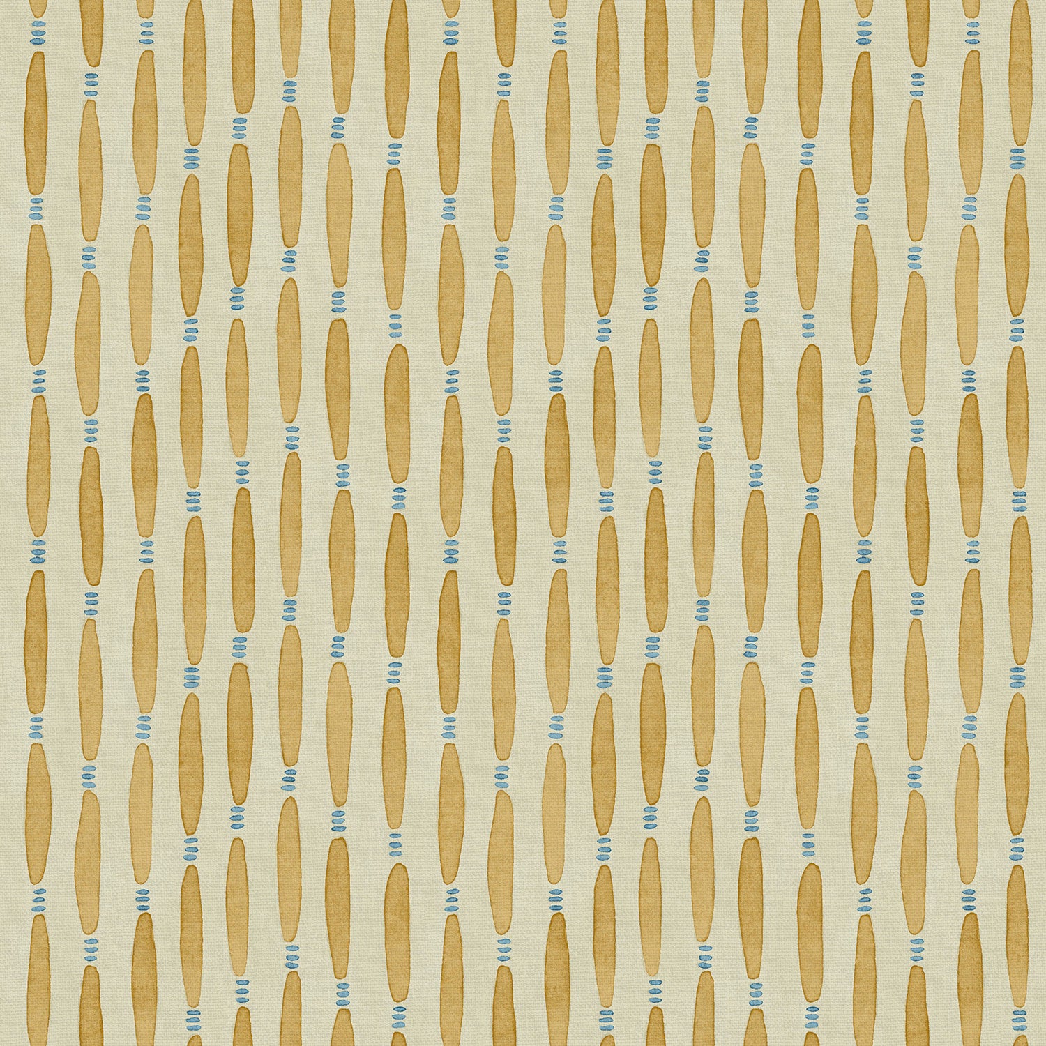 A printed linen fabric sample in yellow, blue and off white featuring a Japanese print.