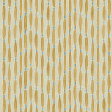 A printed linen fabric sample in yellow, blue and off white featuring a Japanese print.