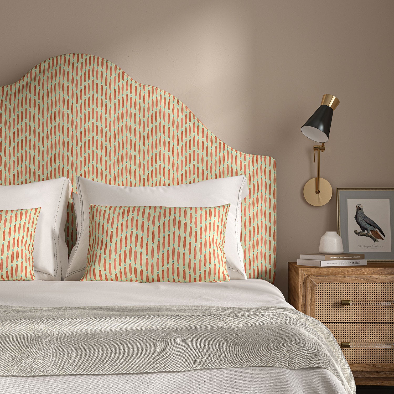 Headboard upholstered in a printed linen fabric in orange, blue and off white featuring a Japanese print.