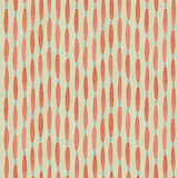 A printed linen fabric sample in orange, blue, and off white featuring a Japanese print.