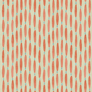 A printed linen fabric sample in orange, blue, and off white featuring a Japanese print.