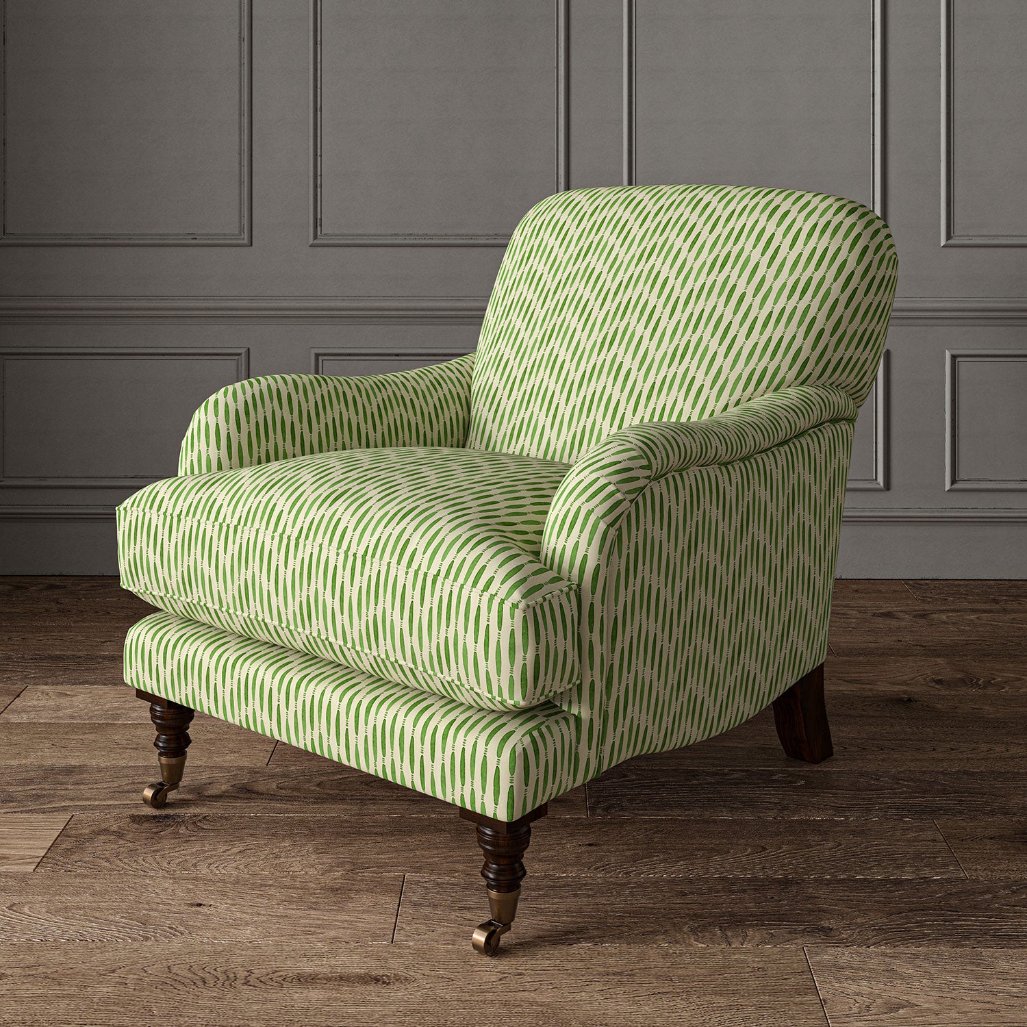 Armchair upholstered in a printed linen fabric in green and off white featuring a Japanese print.
