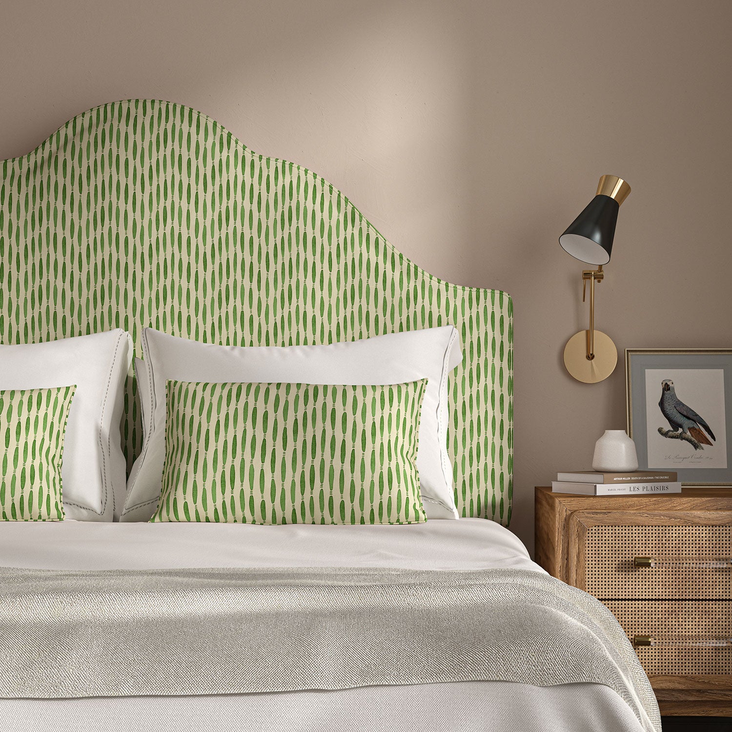 Headboard upholstered in a printed linen fabric in green and off white featuring a Japanese print.