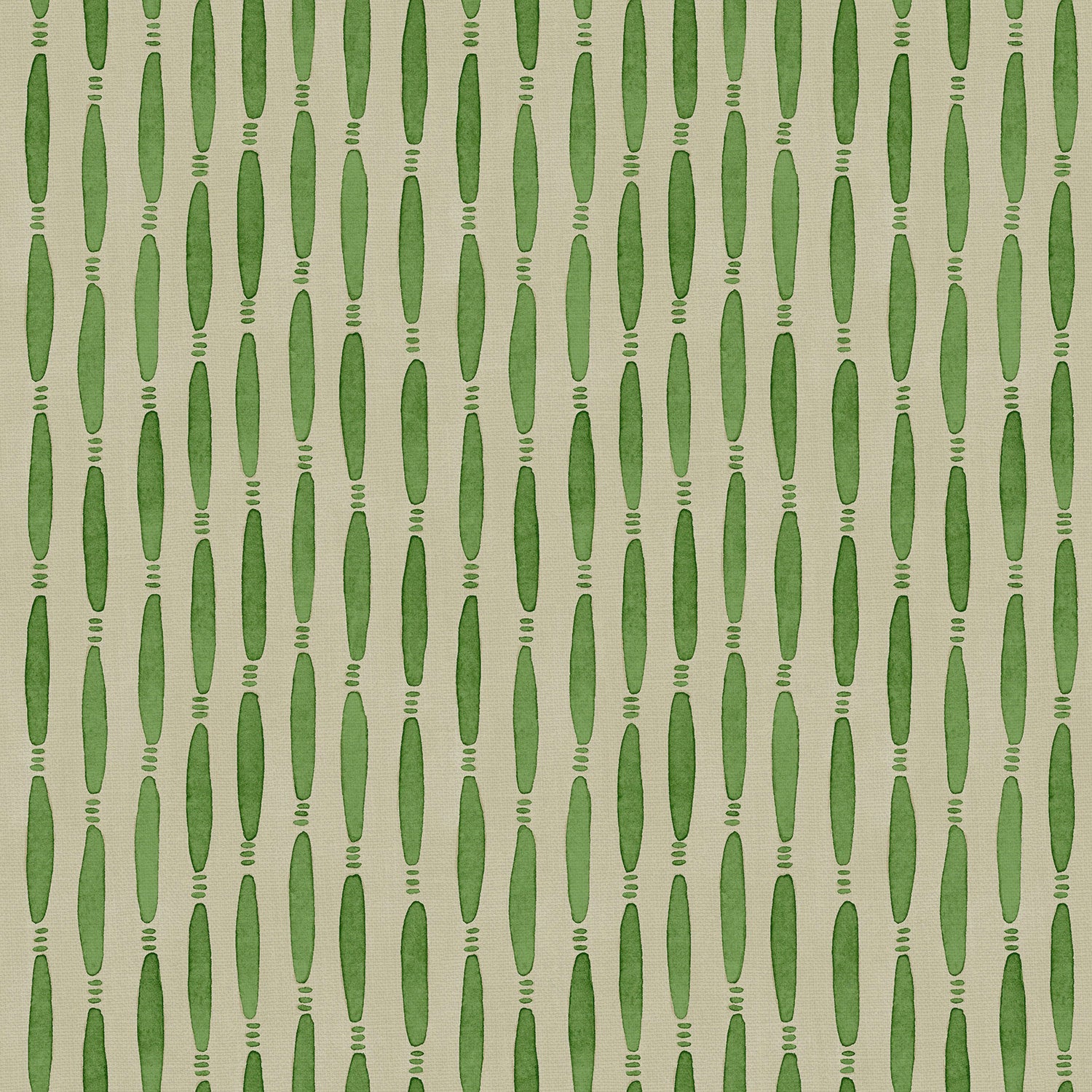 A printed linen fabric sample in green and off white featuring a Japanese print.