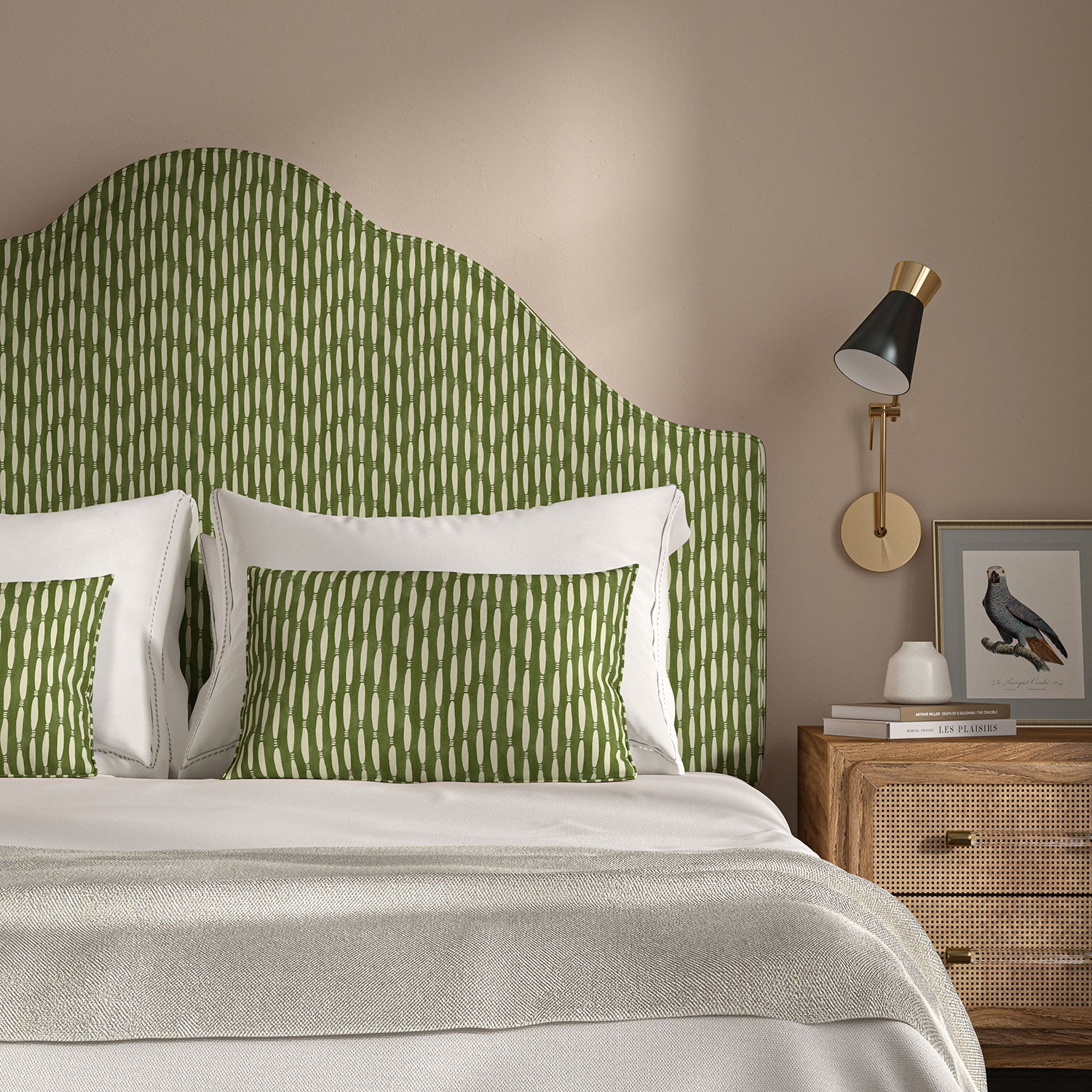 Headboard upholstered in a printed linen fabric in green and off white featuring a Japanese print.