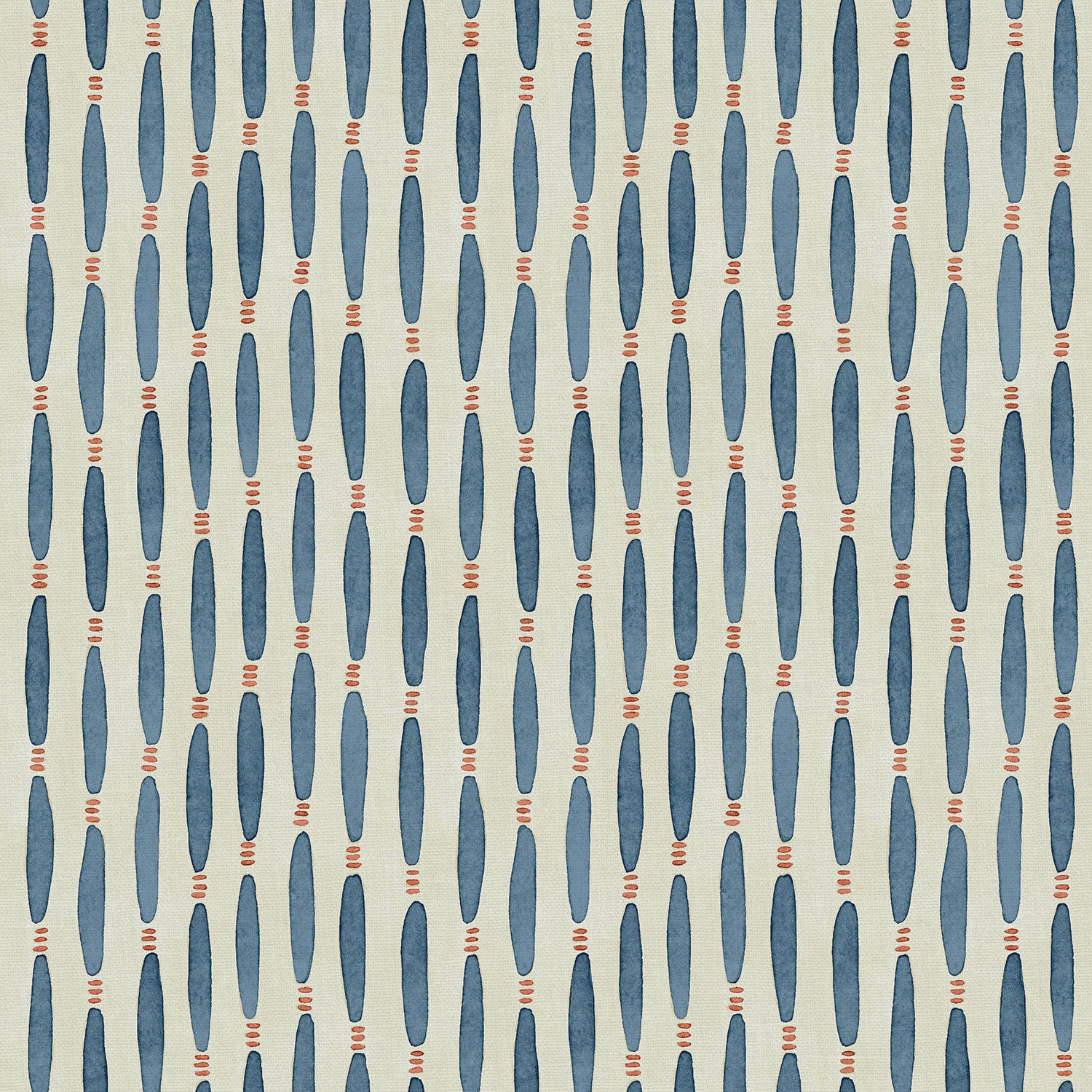 A printed linen fabric sample in blue, orange, and off white featuring a Japanese print.