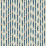 A printed linen fabric sample in blue, orange, and off white featuring a Japanese print.