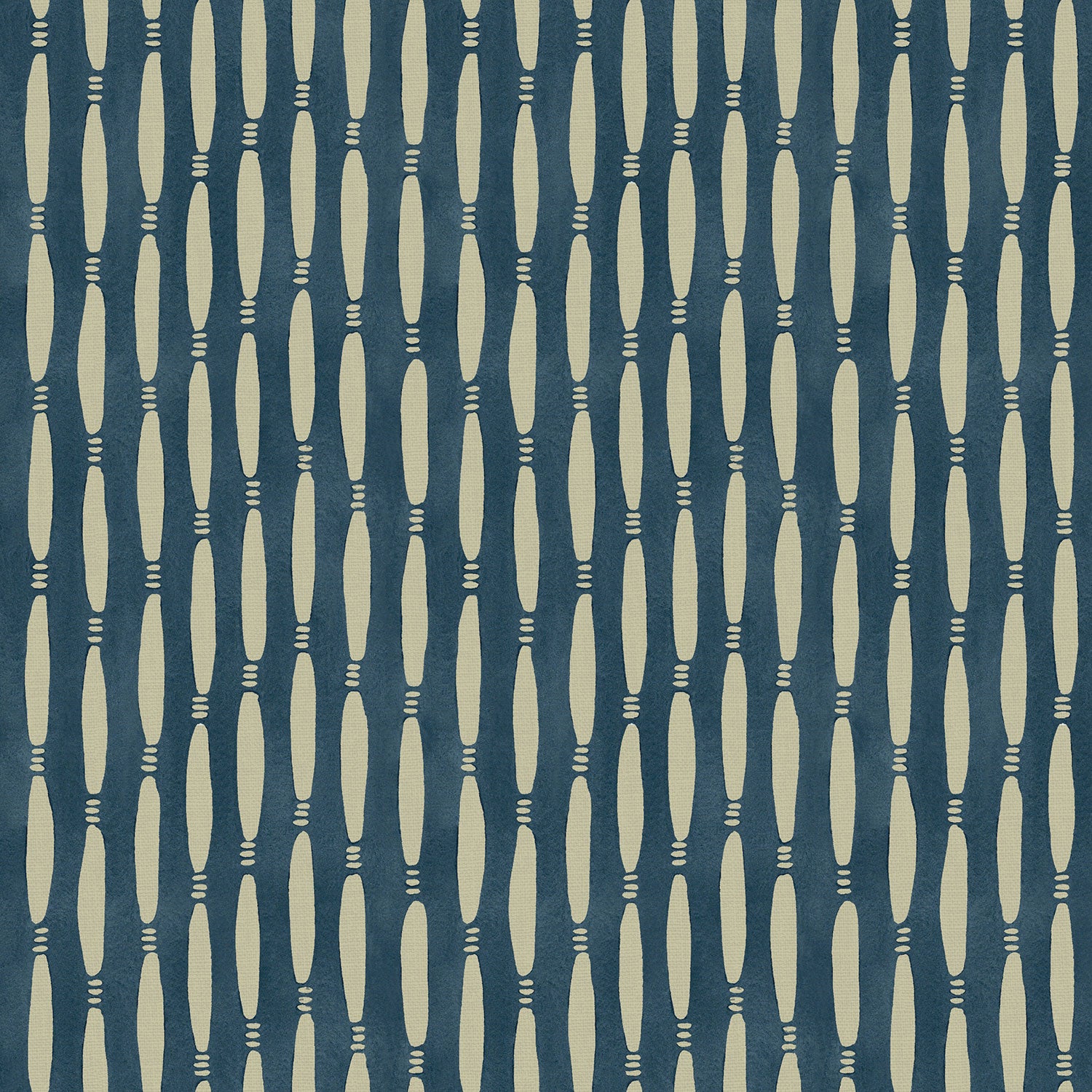 A printed linen fabric sample in blue and off white featuring a Japanese print.
