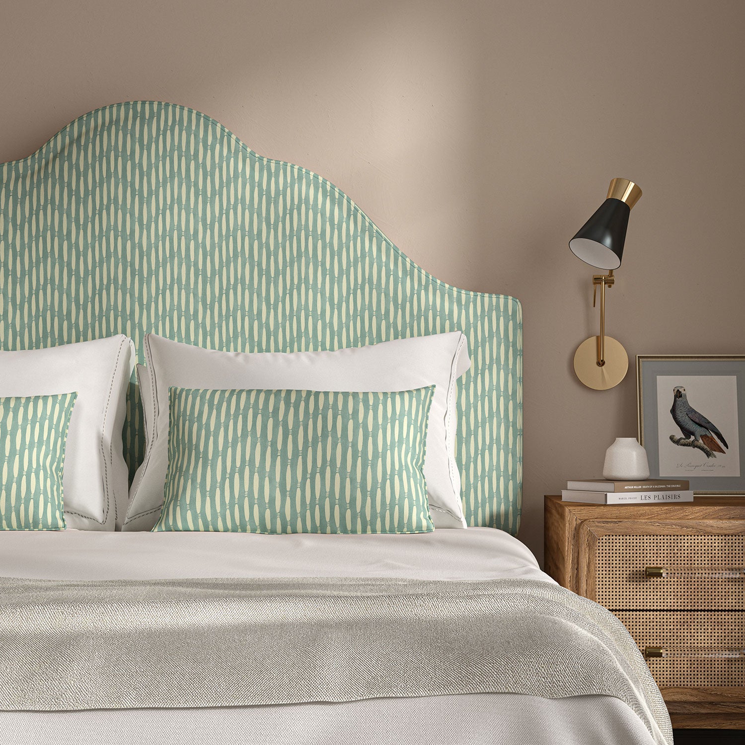Headboard upholstered in a printed linen fabric in blue and off white featuring a Japanese print.