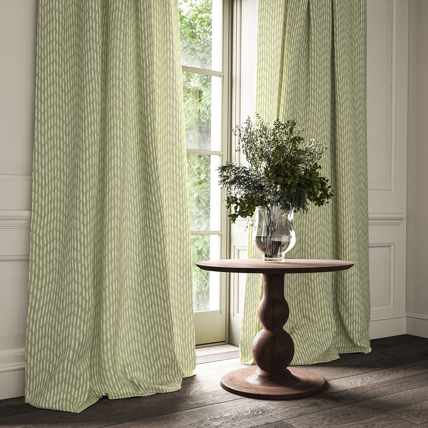 Curtains made from a printed linen fabric in green and off white featuring a Japanese print.