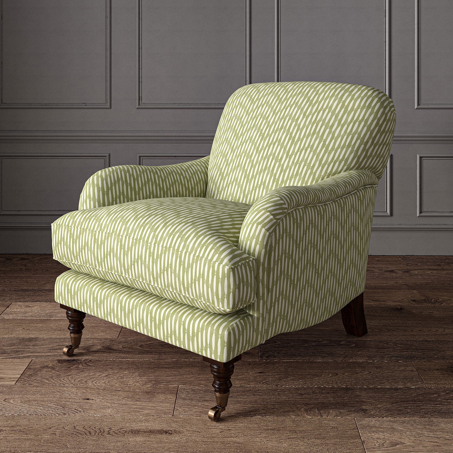 Armchair upholstered in a printed linen fabric in green and off white featuring a Japanese print.