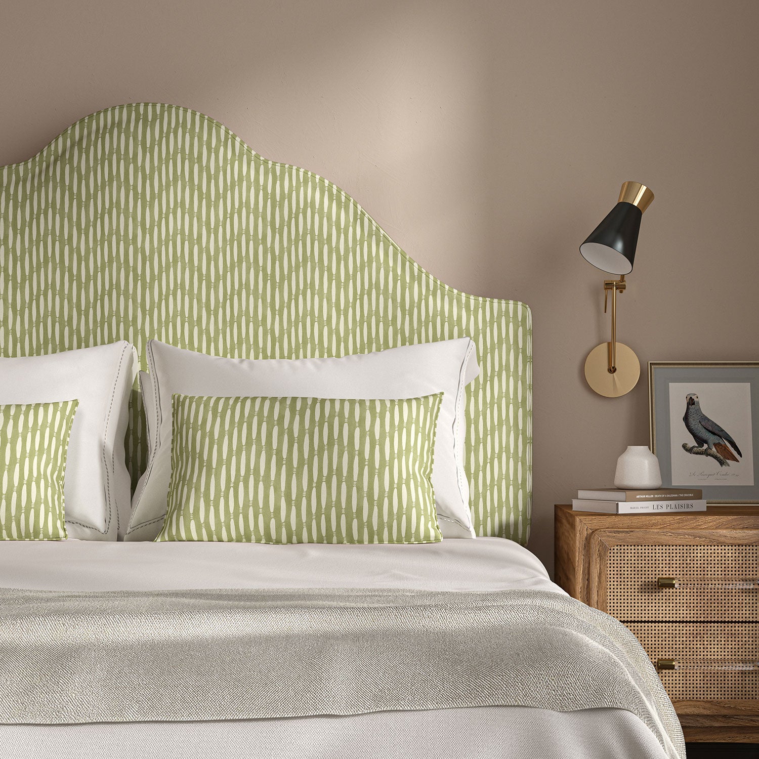 Headboard upholstered in a printed linen fabric in green and off white featuring a Japanese print.