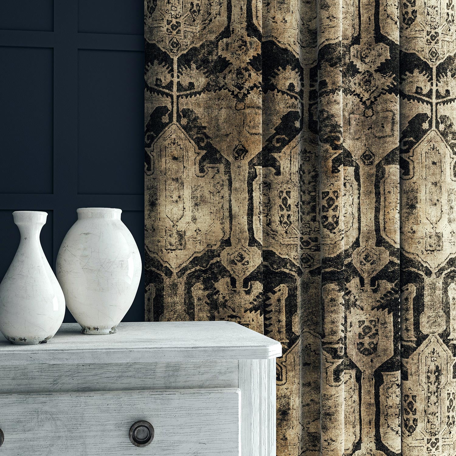 Curtains made from a printed velvet fabric in brown and black featuring a Turkish kilim pattern.