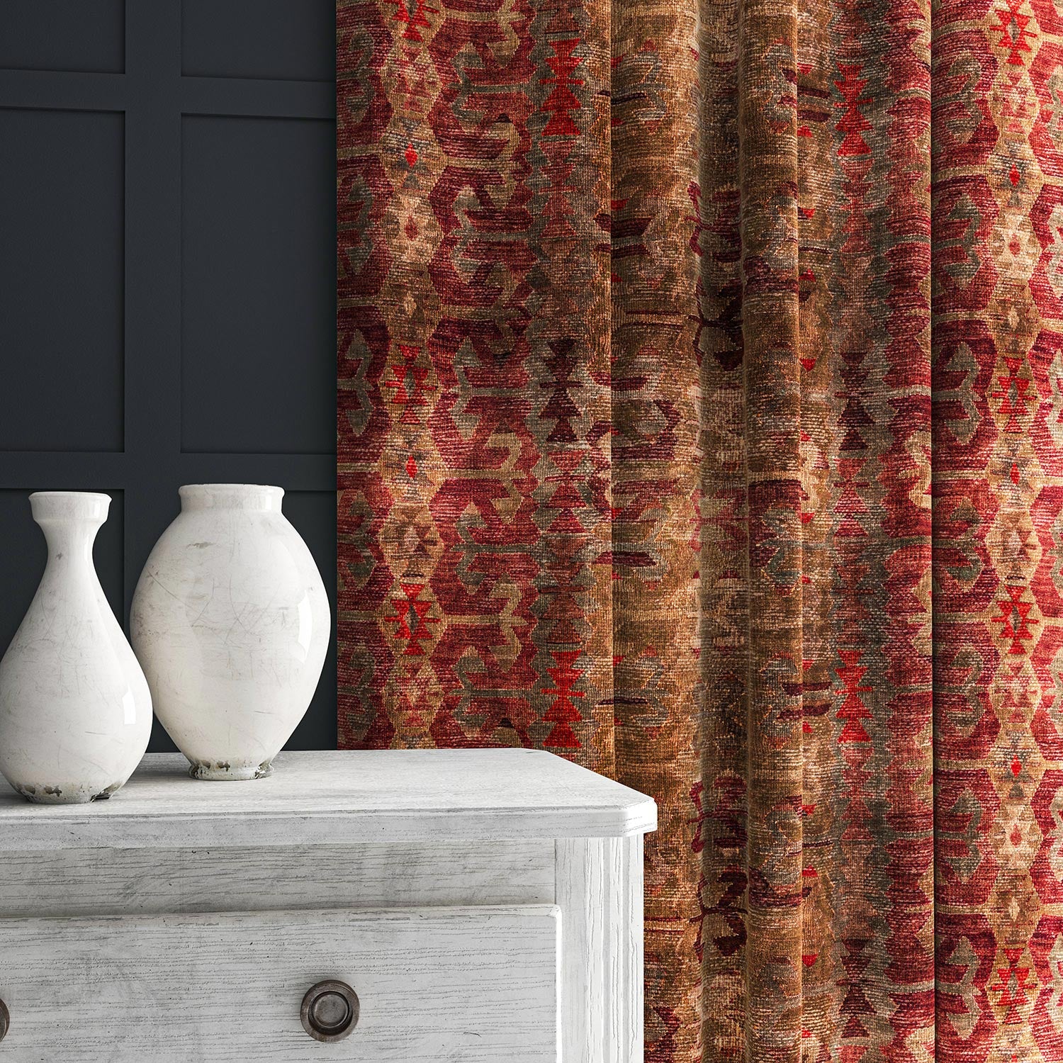Curtains made from a printed velvet fabric in red and brown featuring a stripe kilim pattern.