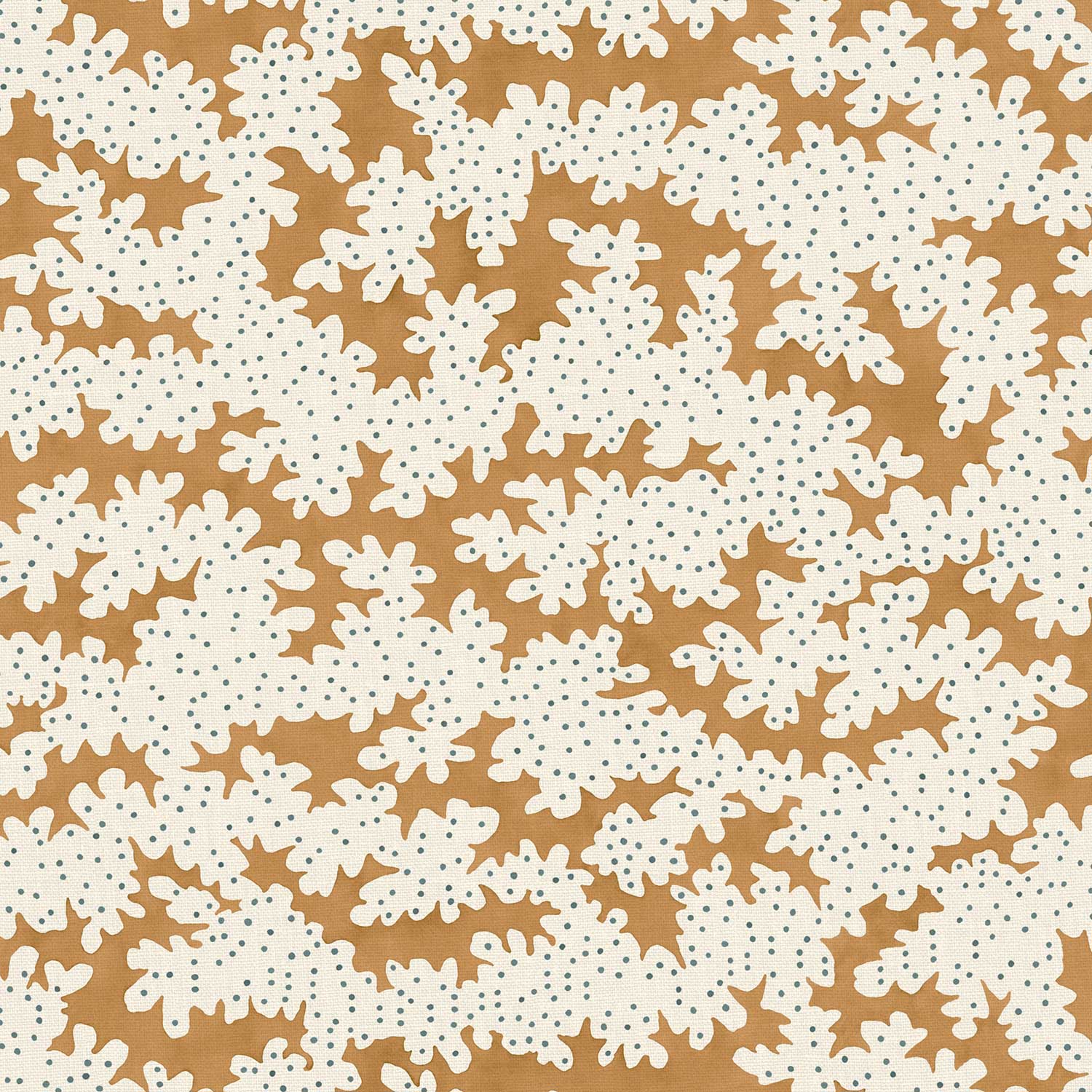 A printed linen fabric sample in orange, blue and off white featuring a stylized coral pattern.