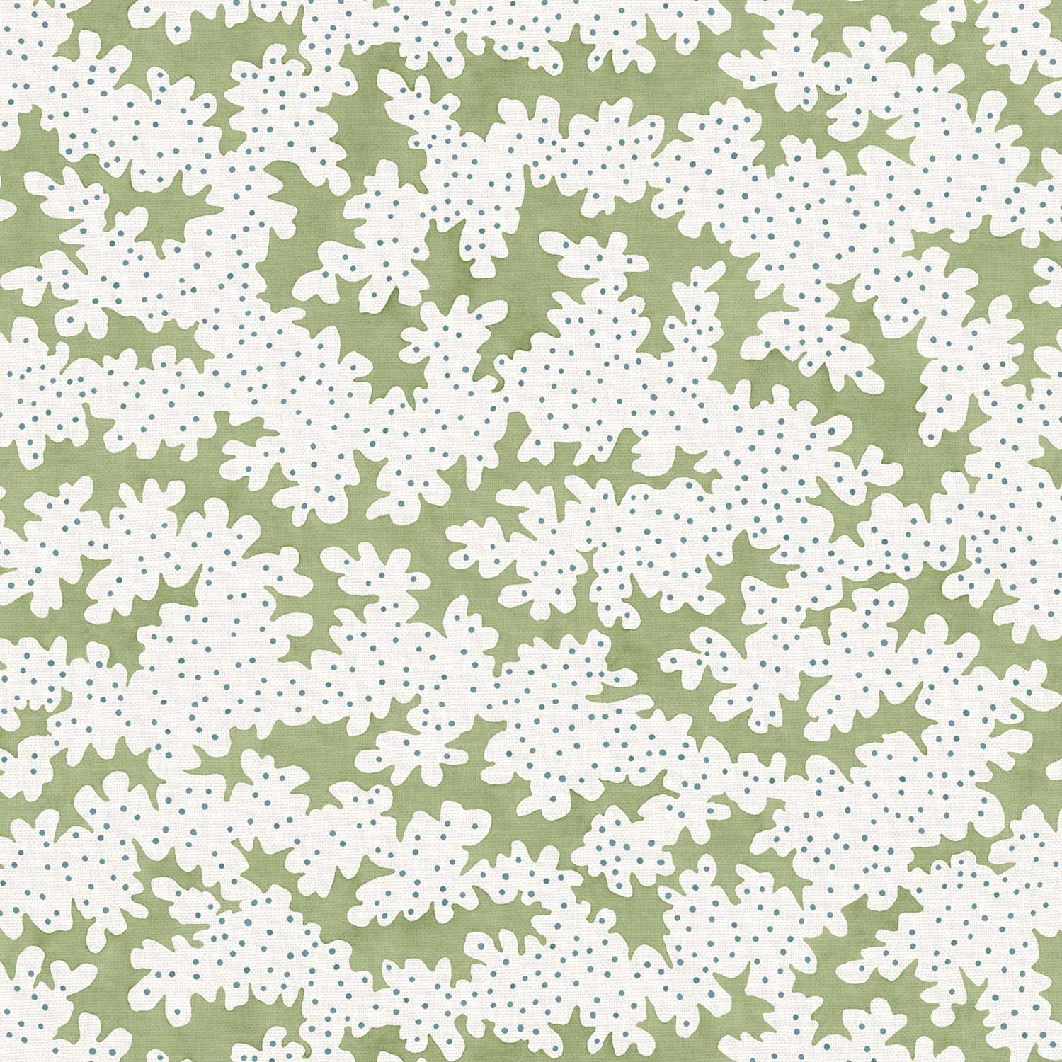 A printed linen fabric sample in green, blue and off white featuring a stylized coral pattern.