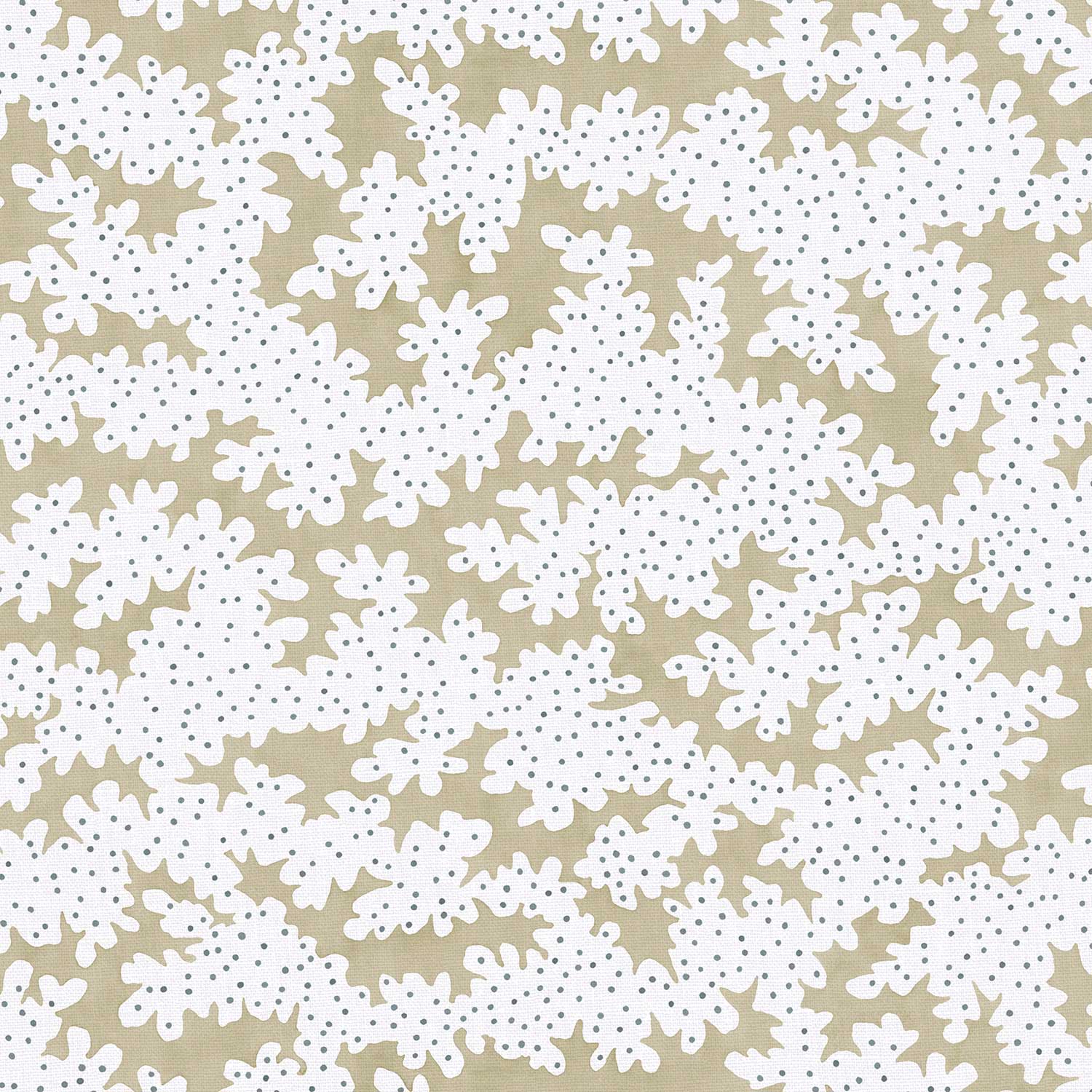 A printed linen fabric sample in brown, blue and off white featuring a stylized coral pattern.