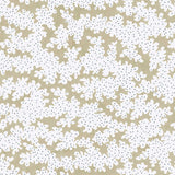 A printed linen fabric sample in brown, blue and off white featuring a stylized coral pattern.