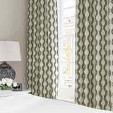Curtains made from a printed linen fabric sample in green and off white featuring a stylized fern pattern.