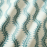 A printed linen fabric sample in blue and off white featuring a stylized fern pattern.