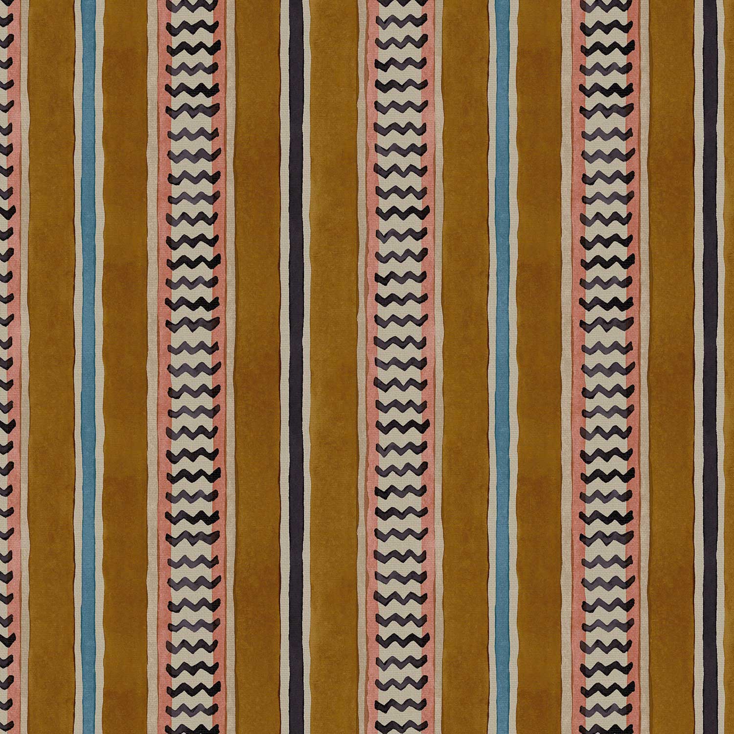 A multicoloured printed linen fabric sample featuring stripes, wavy edges and zigzags.