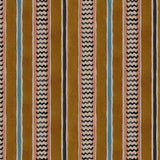 A multicoloured printed linen fabric sample featuring stripes, wavy edges and zigzags.