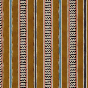 A multicoloured printed linen fabric sample featuring stripes, wavy edges and zigzags.