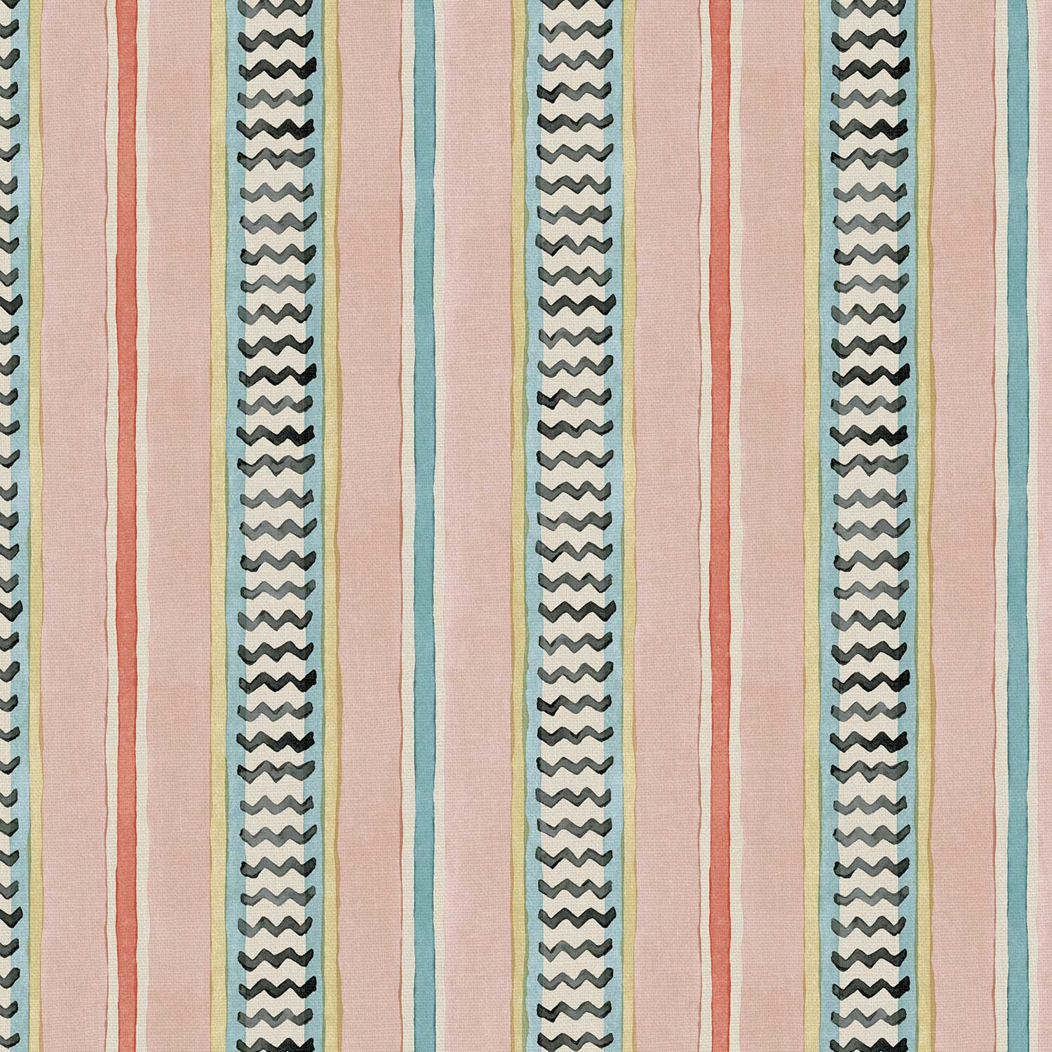 A multicoloured – pink, red and blue – printed linen fabric sample featuring stripes, wavy edges and zigzags.