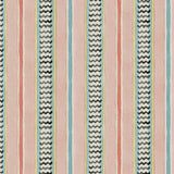 A multicoloured – pink, red and blue – printed linen fabric sample featuring stripes, wavy edges and zigzags.